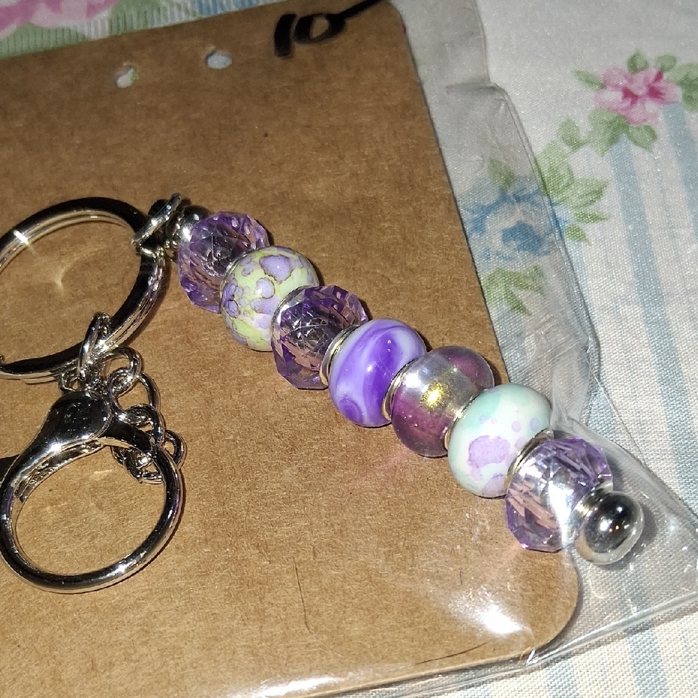 Purple and Silver Beaded Keychain